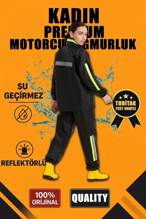 Premium Motorcu Kurye Yağmurluk Takım Su Geçirmez PVC Kumaş Reflektörlü TÜBİTAK Onaylı - Siyah