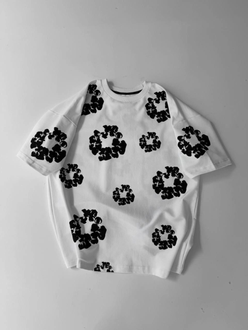 Ön Ve Arka Baskılı Oversize Bisiklet Yaka T-shirt- Beyaz