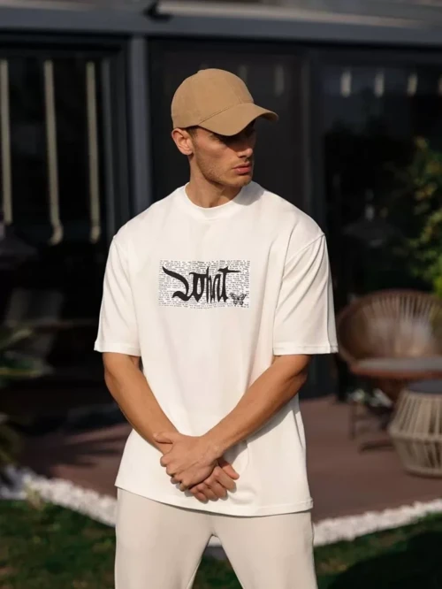 Unisex Bisiklet Yaka Baskılı Oversize T-Shirt - Beyaz