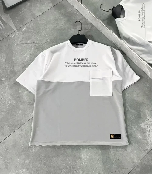 Unisex Torba Cep Detaylı Parçalı T-Shirt - Gri
