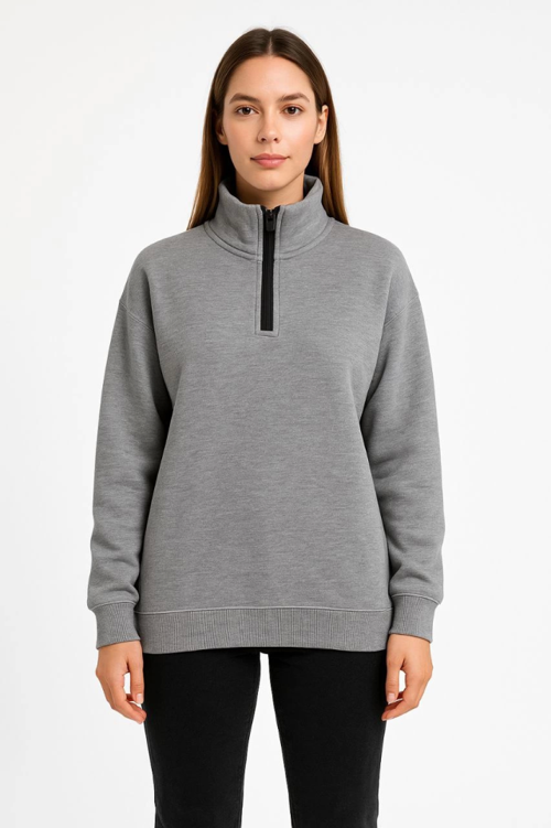 Üç İplik Dık Yaka Yarım Fermuarlı SweatShirt - Gri