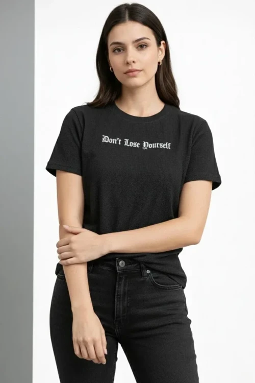 Wafıl Kumaş Tişört Regular Kalıp Bisiklet Yaka Baskılı Günlük Basic T-Shirt - Siyah