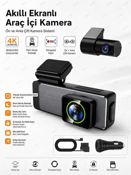 BLC 4K Ultra HD Araç İçi Kamera Ön ve Arka Çift Kameralı Akıllı Ekranlı Dash Cam Gece Görüşlü G-Sensörlü 140° Geniş Açı MicroSD Kart Destekli