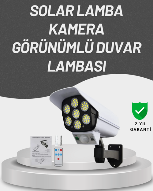 77 LED'li Güneş Enerjili Güvenlik Lambası ve Kukla Kamera – Hareket Sensörlü, 2400mAh Pilli