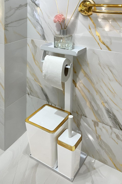 3'ü 1 Arada Banyo Seti Tuvalet Kağıtlık, Çöp Kovası Ve Tuvalet Fırça Takımı (Gold Beyaz)