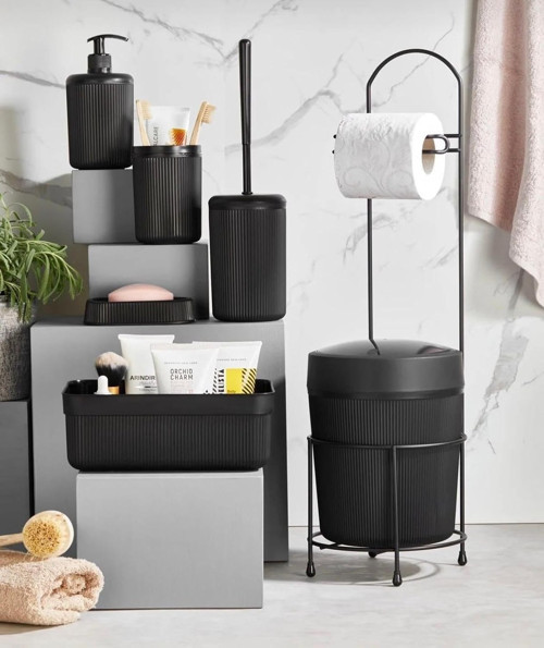 7 Parça Banyo Seti Çöp Kovalı Tuvalet Kağıtlığı ve Fırçası - Kozmetik Kutusu - Diş Fır