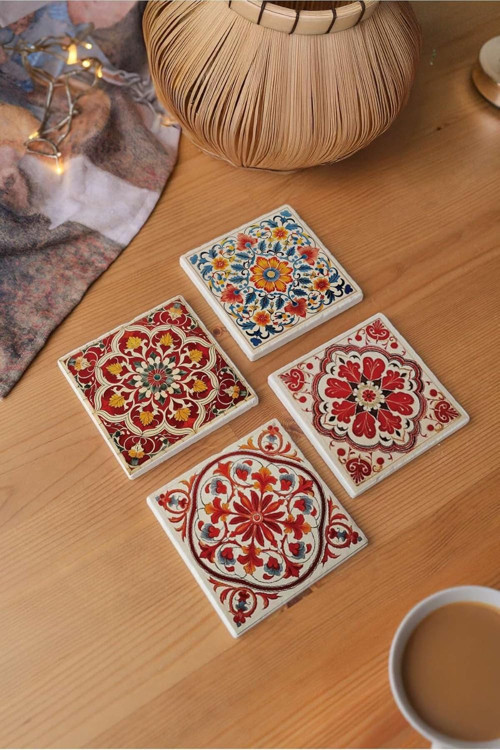 Arslart Osmanlı ve Seramik Desenli Doğal Taş Bardak Altlığı - 4'lü Set