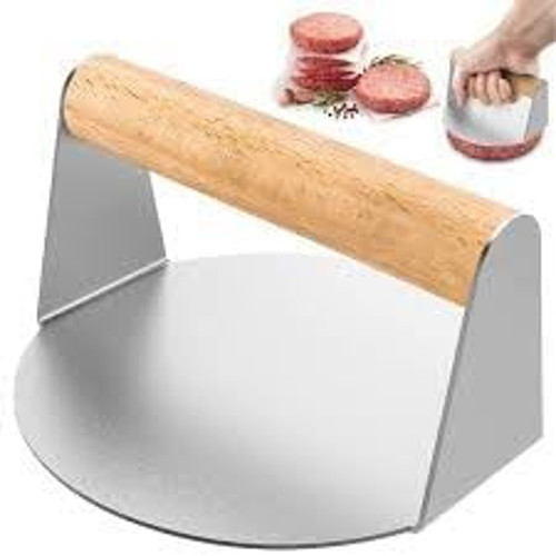 DEVMEER Yuvarlak Smash Burger Presi, 304 Paslanmaz Çelik, 14 CM, Ahşap Saplı, Yapışmaz Yüzey,