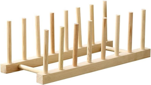 Promosyonca Ahşap Tabaklık, Doğal Ahşap Mutfak Organizeri, 28x13x10 cm, 6 Bölmeli Tabak Tutucu