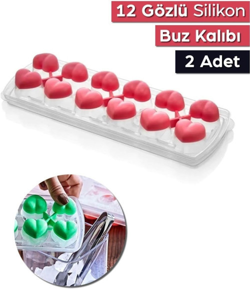 2 Adet 12 Gözlü Kalpli Silikon Kalpli Buzluk Kalıbı Kapaklı