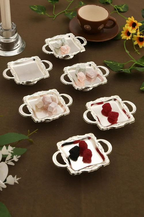 mucit home Mini Kulplu Kare Model Ayaklı Lokumluk 6'li Takım Gümüş