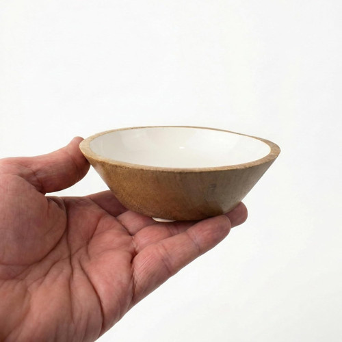 Deconox Mango Ağacı Kase - İçi Krem Emaye (Enamel) Kaplama 13 cm Dekoratif Ahşap Sunum Kasesi -