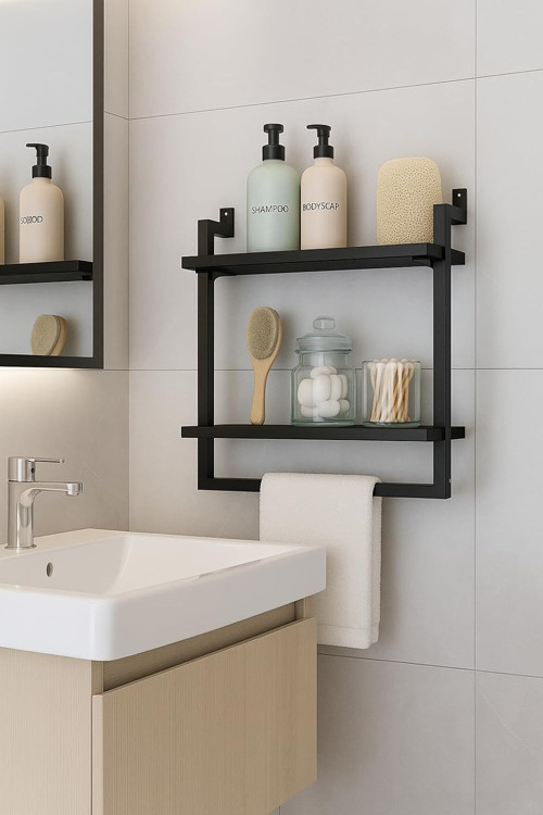 40x20 cm Banyo Rafı, Duvara Monte Havluluk, 2 Katlı Dekoratif Düzenleyici Organizer, Siyah Metal
