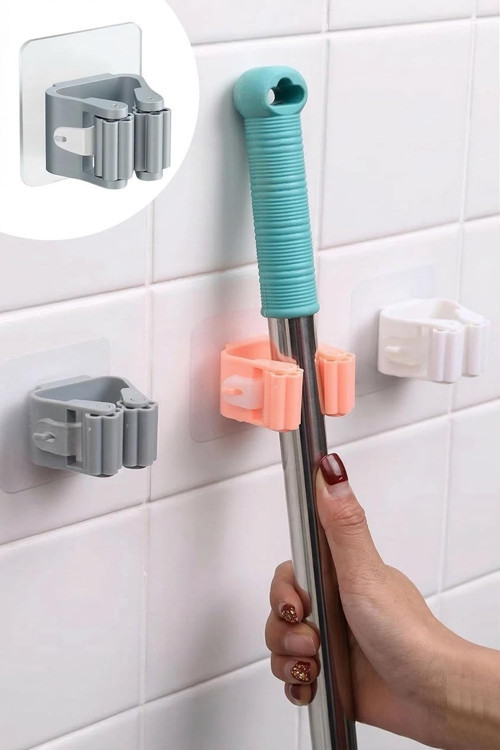 4'lü Set Kendinden Yapışkanlı Mop ve Süpürge Tutucu – Delmeden Duvar Organizeri, Güçlü Ya