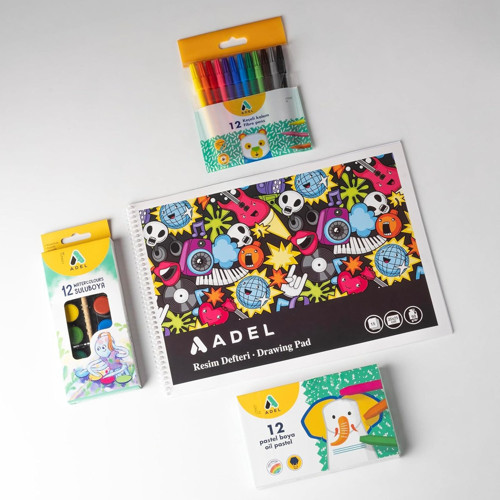 ADEL 4'lü Boyama Seti + Resim Defteri 25x35, 12 Renk, Keçeli Kalem, Kuru,Pastel ve Sulu Boya, Fır