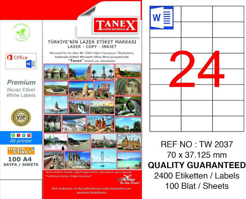 Tanex TW-2037 70x37,125 mm Laser Etiket 100 Adet
