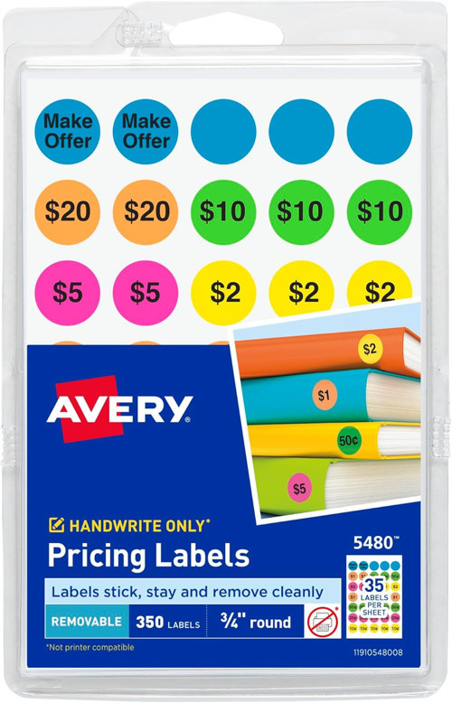 Avery Önceden Basılmış Çıkarılabilir Garaj Satış Etiketleri, 0,75 inç, Yuvarlak, 350'li Pa