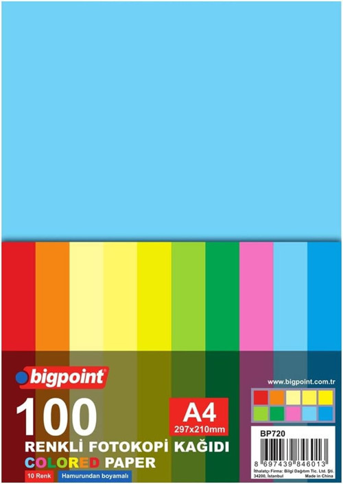 Bigpoint Renkli Fotokopi Kağıdı 80Gr. A4 100 Yaprak / 10 Renk
