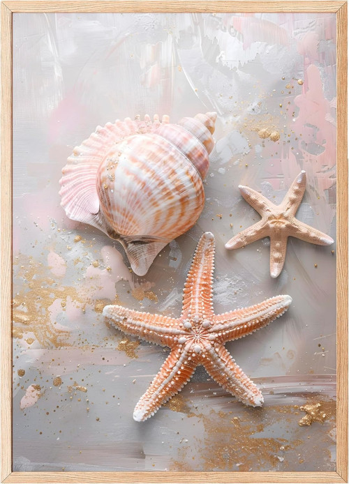 Zestia Ahşap Çerçeveli Tablo, Deniz Kabukları ve Yıldız, Banyo Dekoru Poster No: 112014 30 x 4