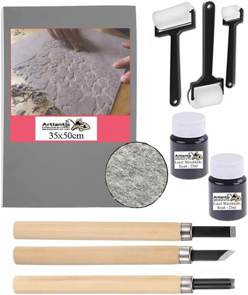 Linol Baskı Seti 1 Paket 35x50 cm Linolyum Tabaka Gri Linol Oyma Seti 3 Bıçaklı Rulo Fırça Mü