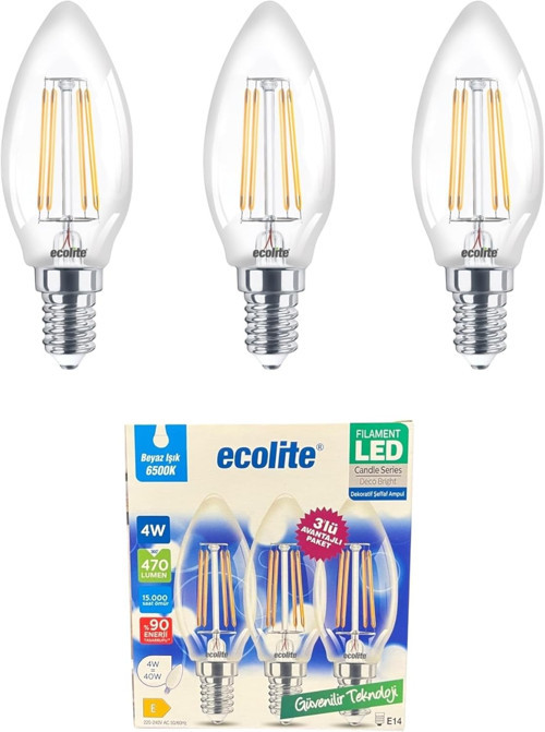 Ecolite 4W LED Filament Mum Ampul, E14 Duy, 6500K Beyaz Işık, 470 Lümen, Şeffaf Cam, Akkor Gör�