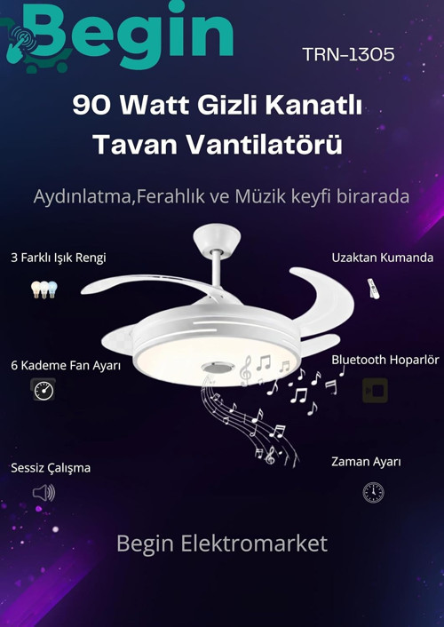 Begin Gizli Kanatlı LED Işıklı Tavan Vantilatörü, Beyaz, Bluetooth Hoparlörlü, Uzaktan Kuman