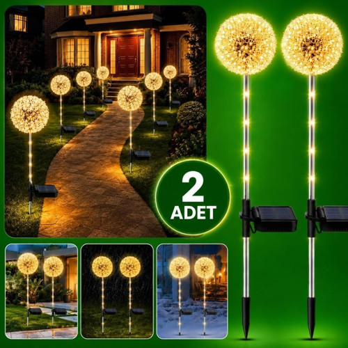 2'li Güneş Enerjili Karahindiba Bahçe Lambası Solar LED Dekoratif Dış Mekan Aydınlatma Sıcak