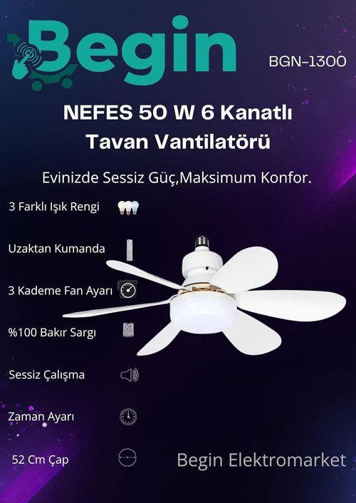 Begin 6 Kanatlı tavan vantilatör uzaktan kumandalı led ışıklı