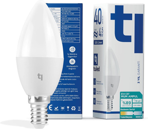 Redeem C37S E14 Mum Ampul, Titreşimsiz, Göz Konforu, 528 Lümen, Tuled Beyazı, 5000 Kelvin