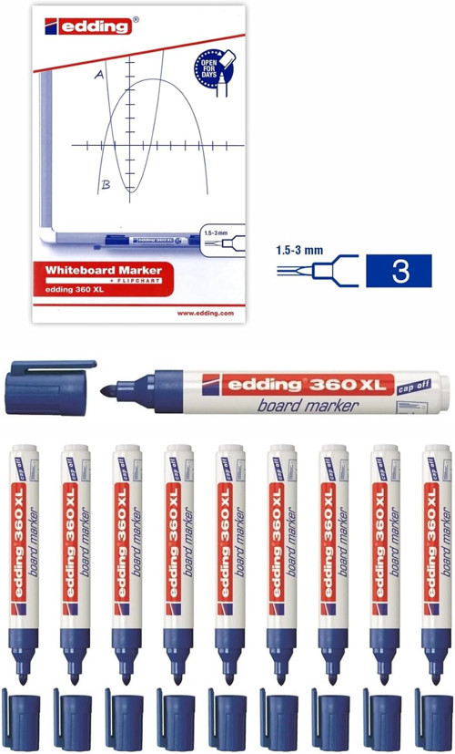 Edding 360 XL Whiteboard Marker, 1.5-3 mm, Mavi, 10'lu Set