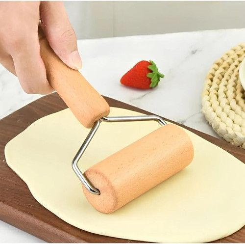 Yazıcı Ahşap Saplı Mini Merdane, Bambu Pizza Hamur Açma Rulosu, Paslanmaz Çelik, 9x16 cm, 4.5