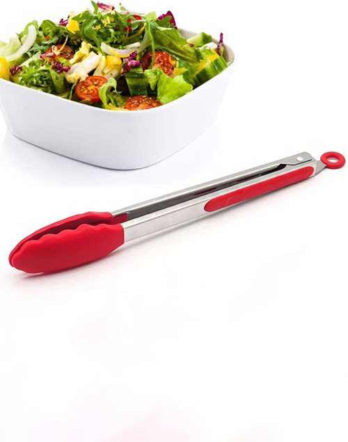 Çelik Silikon Maşa 33 cm Kırmızı Mutfak Biftek Barbekü Salata Ekmek Maşası mt145