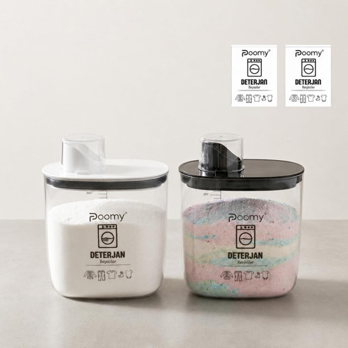 Poomy 2'li Deterjan Kabı Seti 1200 ml, Ölçekli Şeffaf Deterjan Saklama Kutusu, Kapaklı Çamaş�