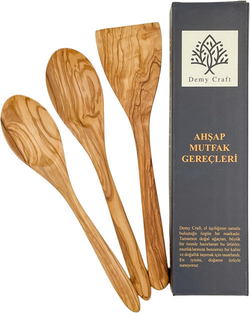 Demy Craft El Yapımı Zeytin Ağacı Mutfak Seti – 3 Parça Doğal Ahşap Kaşık ve Spatula Seti