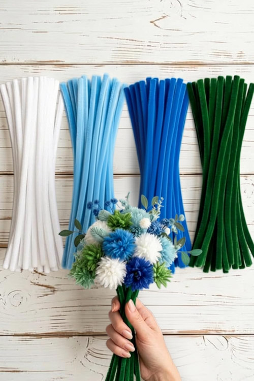 Bimotif 100lü tüylü tel şönil, 30 cm (25er adet Yeşil, Lacivert, A. Mavi, Beyaz Şönil, Çiç