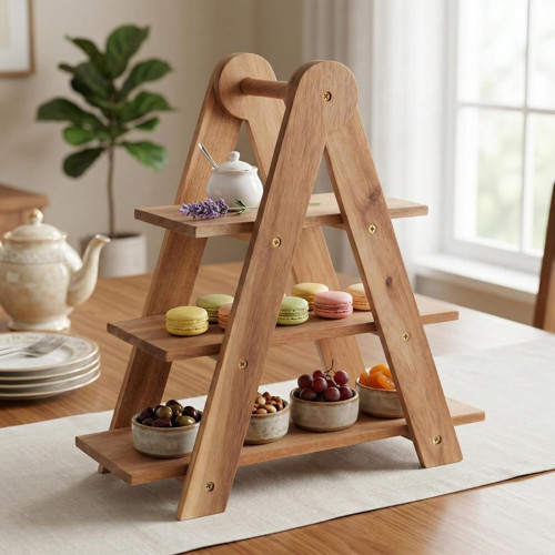 Deconox Doğal Akasya Ahşap 3 Katlı Sunum Standı - 37x12.3x37.5 cm Çok Amaçlı Katlı Servis Te