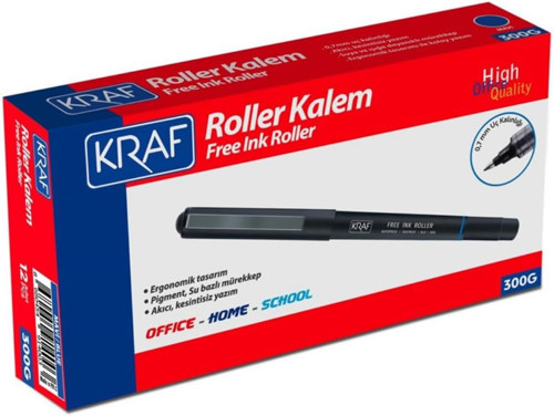 Kraf Free Ink Roller Kalem, Mavi, 0.7 mm Uç, Su Geçirmez, Pigment Mürekkep, 12'li Paket