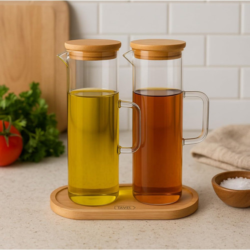 ARVALE Lavino 3 Parça 400 ml Borosilikat Yağlık - Bambu Altlık ve 2 Adet Bambu Kapaklı Cam Yağ