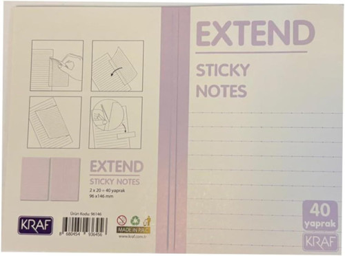 KRAF Yapışkanlı Not Kağıdı Extend 96x146mm 2X20 yaprak Hafif Çizgili Mor 8680454417790