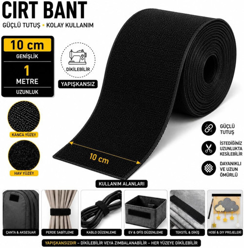 PAŞATEKS Siyah Cırt Bant 10 Cm x 1 Metre – Yapışkansız Velcro Bant – Dikilebilir Kanca Hav