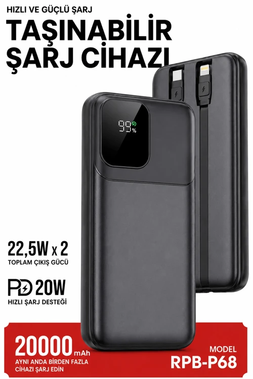 20000mAh Powerbank 22.5W Hızlı Şarj Type-C PD 20W Lightning Kablo Şarj Göstergeli RECCI RPB-P68