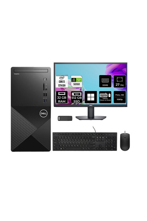 Vostro 3030MT Core i3 12100 RTX 5050 8GB 32GB RAM 512GB SSD 27" FHD Win11 Pro N6001VDT3030MTP1185 Masaüstü Bilgisayar + PER4 USB Bellek