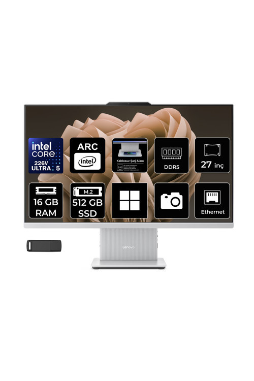 Ideacentre 27ILL11 Intel Core Ultra 5 226V 16GB RAM 512GB SSD 27" Full HD (1920x1080) Win11 Home F0JW000YTRP308 Beyaz All In One Bilgisayar + Per4 USB Bellek