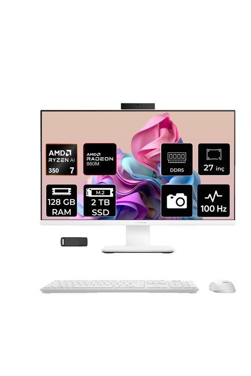 ExpertCenter P600 Ryzen AI 7 350 128GB RAM 2TB SSD 27" Full HD (1920x1080) FreeDOS PM670KAP358 Beyaz AI-Powered All In One Bilgisayar + Per4 USB Bellek