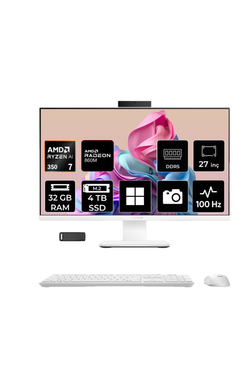 ExpertCenter P600 Ryzen AI 7 350 32GB RAM 4TB SSD 27" Full HD (1920x1080) Win11 Home PM670KAP323 Beyaz AI-Powered All In One Bilgisayar + Per4 USB Bellek