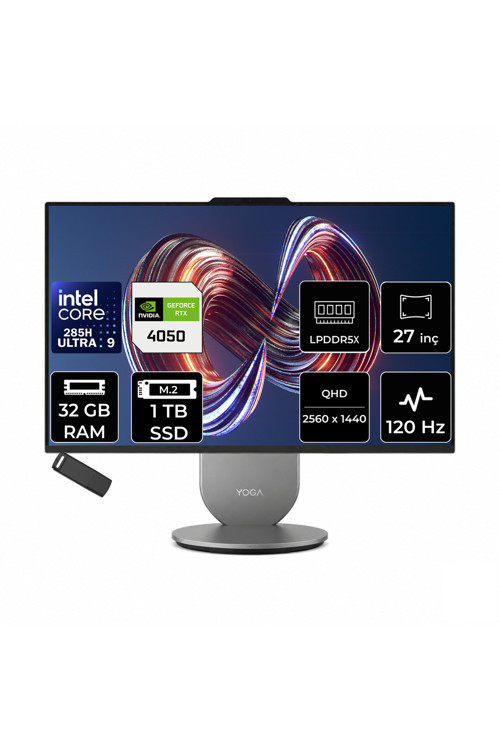 Yoga Core Ultra 9 285H RTX 4050 6GB 32GB RAM 1TB SSD 27" QHD 400nits 120Hz FreeDOS F0J20048TRP303 All In One Bilgisayar + PER4 USB