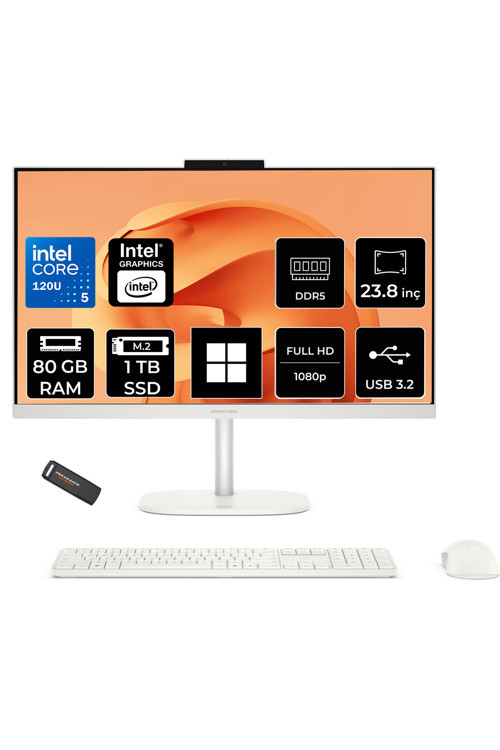 OmniStudio 24 Core 5 120U 80GB RAM 1TB SSD 23.8" FHD 75Hz W11H Beyaz All in One Bilgisayar + Per4 USB Bellek