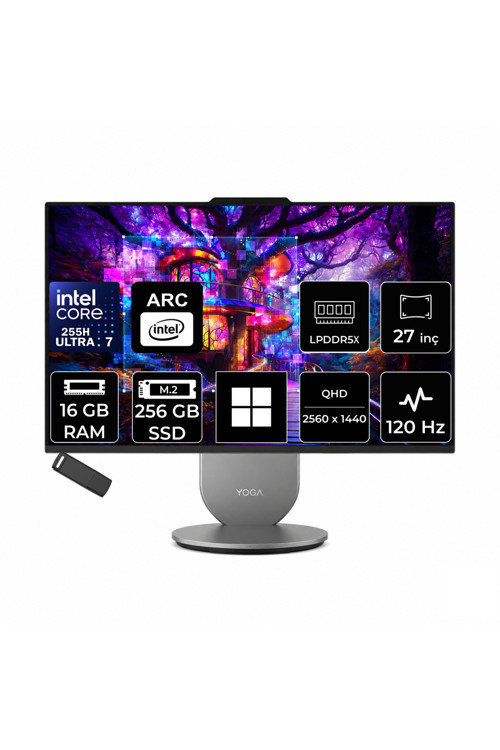 Yoga Core Ultra 7 255H 16GB RAM 256GB SSD 27" QHD 400nits 120Hz Win11 Home F0J20047TRP306 All In One Bilgisayar + PER4 USB