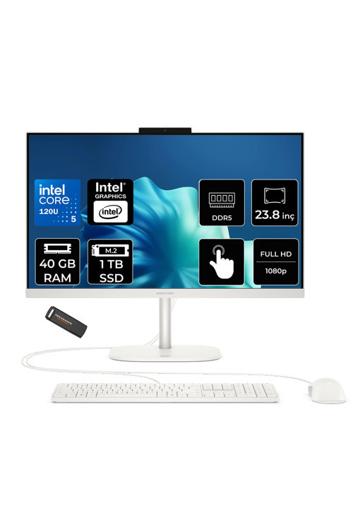 OmniStudio 24 Core 5 120U 40GB RAM 1TB SSD 23.8" FHD 75Hz Touch FreeDos Beyaz All in One Bilgisayar + Per4 USB Bellek