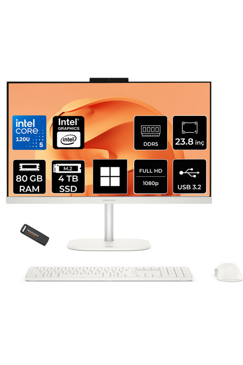 OmniStudio 24 Core 5 120U 80GB RAM 4TB SSD 23.8" FHD 75Hz W11P Beyaz All in One Bilgisayar + Per4 USB Bellek